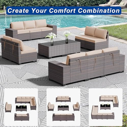 ASJMR Outdoor Patio Furniture Set, 12 Pieces Outdoor Sectional Furniture High Backrest Patio Sofa, All-Weather PE Rattan Patio Conversation Set with Coffee Table & Cushions(Brown).