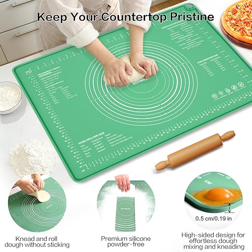 Extra Large Food Grade Platinum Silicone Pastry Mat 28 x 20, Non-Slip Non-Stick Baking Mat for Rolling Dough with 5mm Raised Edge, Measurements & Baking Guide for Bread, Pizza, Pie & Sourdough