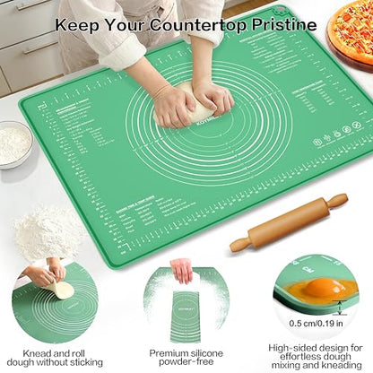 Extra Large Food Grade Platinum Silicone Pastry Mat 28 x 20, Non-Slip Non-Stick Baking Mat for Rolling Dough with 5mm Raised Edge, Measurements & Baking Guide for Bread, Pizza, Pie & Sourdough