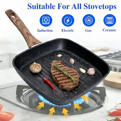 Simple Deluxe 3 Pieces Nonstick Grill Pan Set, Square Versatile Griddle Pans with Wooden Handle, Durable Skillet Indoor & Outdoor Use, All Stovetops Compatible(9.5", 10.2", 11"), PFOA Free, Black