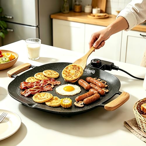 Wolera Smokeless Indoor Electric BBQ Grill with Wooden Handles – Adjustable Temp Nonstick Griddle, Perfect for Steak, Pancakes & Low-Fat Meals, Easy to Clean & Dishwasher Safe