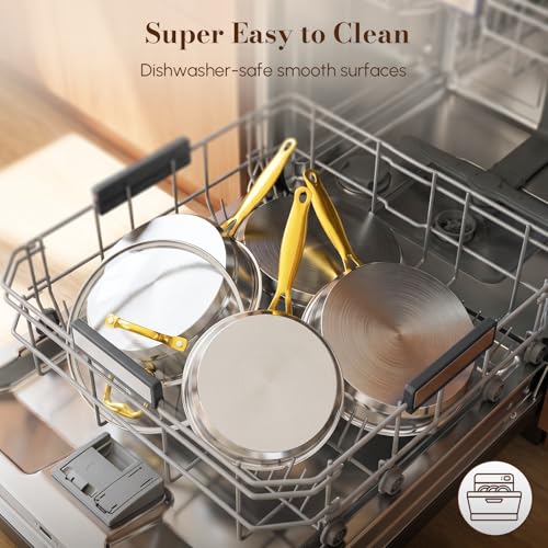Stainless Steel Cookware Set, Tri-Ply Pots and Pans Set, 26 Piece Kitchen Cooking Utensils Set with Lids, Gold Grip Handles, Induction, Oven, Non-Toxic, Dishwasher Safe, Professional Chef Quality
