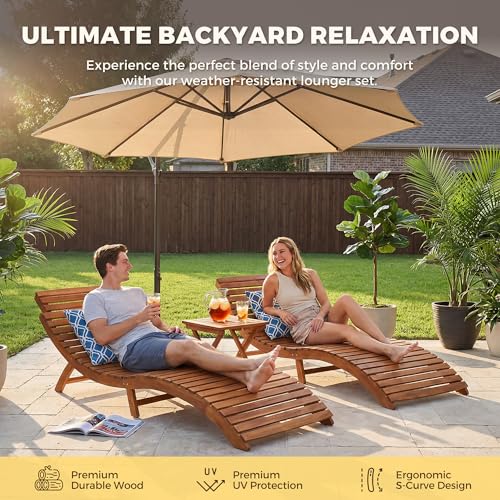 Flamaker Lounge Chairs for Outside Folding Acacia Wood Chaise Lounge with Side Handle Sun Lounger for Poolside, Lawn, Backyard (2 Piece)