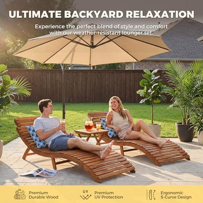 Flamaker Lounge Chairs for Outside Folding Acacia Wood Chaise Lounge with Side Handle Sun Lounger for Poolside, Lawn, Backyard (2 Piece)