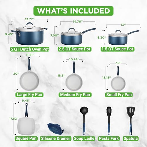 NutriChef 14-Piece Navy Blue Nonstick Cookware Set - Durable Pots and Pans Set with Lids & Utensils, Compatible with All Cooktops