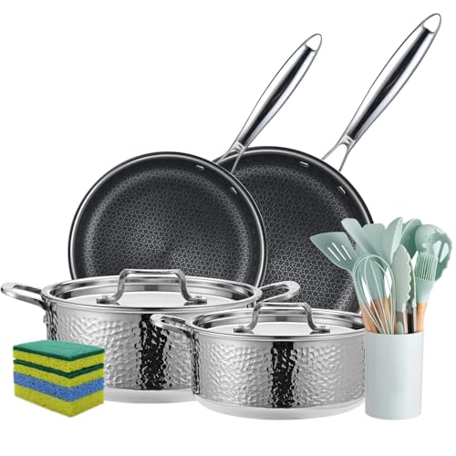 Vivicreate 20 Piece Tri-Ply Stainless Steel Cookware Set, Hammered Pots and Pans with 2 Nonstick Frying Pans and 2 Pots with Lids, 304 Interior, Induction Compatible