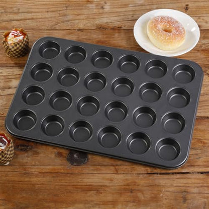 Aybloom Nonstick 24 Cups Mini Muffin Pan with Extended Handles for Easy Grip, Carbon Steel Steel to Promoted Even Baking, Dishwasher Safe (Black)