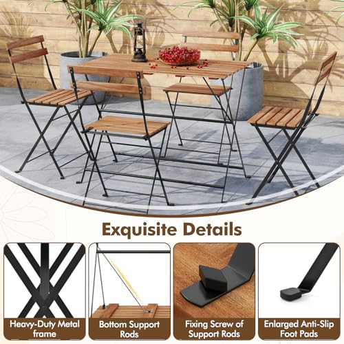 Giantex 5-Piece Outdoor Dining Table Set for 4, Acacia Wood Bistro Table with 4 Folding Patio Chairs, Slatted Seat & Tabletop, Metal Frame, for Yard Porch Garden Poolside (Black + Brown)
