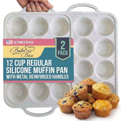 BAKE BOSS 2-Pack Silicone Muffin Pan for Baking with Metal Reinforced Frame -12 Cup Regular Size Cupcake Pan, BPA Free Silicone Muffin Tray - Cupcake Baking Pan Molds for Oven & Dishwasher Safe