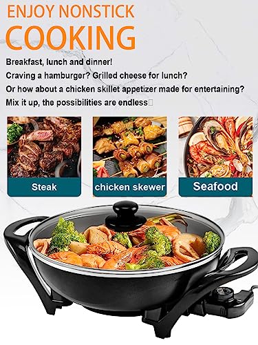 Electric Wok With Lid Nonstick - Electric Skillet Serves For 6 People, Portable Countertop Cooking Wok, 5-Dial Temperature Control, 13inch, Black