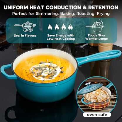 Onader 3QT Enameled Cast Iron Saucepan with Lid, Small Sauce Pan, Enamel Cast Iron Dutch Oven Cooking Pot, Nonstick & Heavy Duty – Dark Cyan