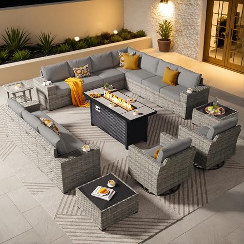 ovios 16 Pieces Patio Furniture Set, Outdoor Wicker Sectional Sofa Couch with 54" Fire Pit Table Swivel Chairs, Modern Modular Deep Seat Rattan Conversation Sets, Dark Grey