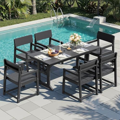 Shintenchi 7 Pieces Outdoor Dining Set,HDPE Outdoor Table and Chairs Set for 6,All Weather Patio Furniture Sets with Umbrella Hole,Modern Wooden Textured Dining Sets for Backyard,Garden,Black