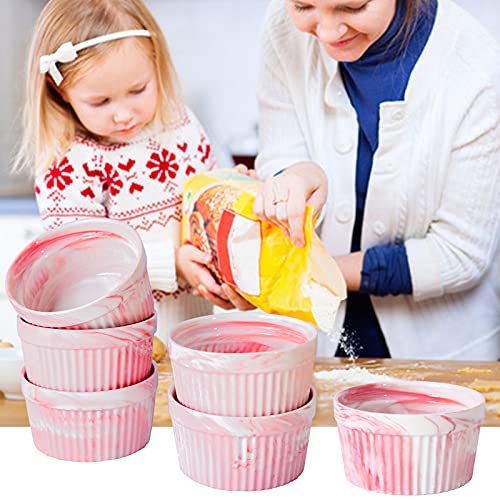 Yundu 4.5 Ounce Pink Marble Ceramic Ramekins - Perfect for Creme Brulee, Oven Safe Baking Bowls - Set of 6