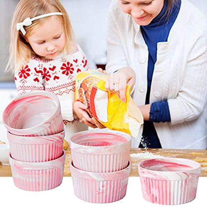 Yundu 4.5 Ounce Pink Marble Ceramic Ramekins - Perfect for Creme Brulee, Oven Safe Baking Bowls - Set of 6
