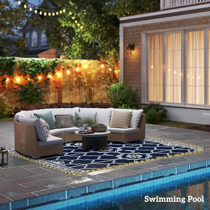 Outsunny Reversible Outdoor Rug Carpet with LED Lights, 12' x 9' PP Straw Rug, Portable RV Camping Mat with Carry Bag and Ground Stakes for Backyard, Deck, Picnic, Beach, Dark Blue and White