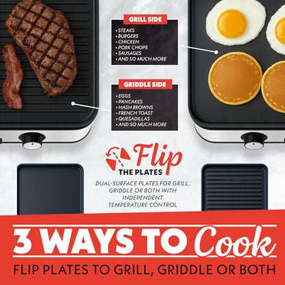 Gourmia 3-in-1 Indoor Grill & Griddle Electric Combo – Dual Independent Cooking Zones, Reversible Nonstick Ceramic Plates, XL Cooking Surface, 250–400°F Adjustable Temp, Dishwasher Safe