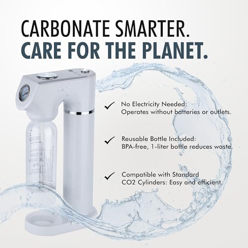 Culinary Chef Sparkling Soda Maker – Soda Machine for Carbonated Water – BPA-Free Reusable Water Bottle included – Planet-Caring Carbonated Water Maker for Home – Fits Standard CO2 Cylinders, White