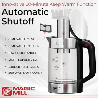 Magic Mill Pro Electric Kettle with tea Infuser and Temperature Control - Keep Warm Function, Rapid Boil, Automatic Safety Shut Off, BPA Free, No Plastic on Water, British Patent Technology,Large 1.7L