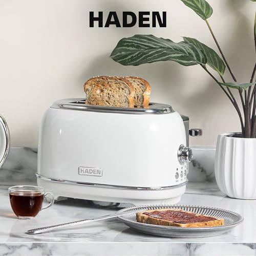 Haden Heritage 2-Slice Wide-Slot Toaster, Stainless-Steel Bread Toaster with Adjustable Browning Control, Non-Slip Feet & Crumb Tray, Ivory & Chrome