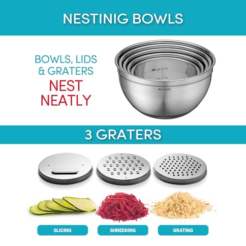 Belwares Mixing Bowls with Lids Set of 5 - Stainless Steel Mixing Bowl Set, Kitchen Nesting Metal Bowls with Non Slip Bottoms + 3 Grater Attachments, Airtight Lids, Food Prep + Storage, Matte Black