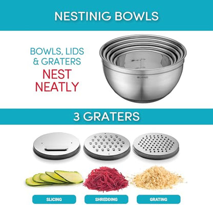 Belwares Mixing Bowls with Lids Set of 5 - Stainless Steel Mixing Bowl Set, Kitchen Nesting Metal Bowls with Non Slip Bottoms + 3 Grater Attachments, Airtight Lids, Food Prep + Storage, Matte Black