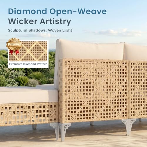PHI VILLA Wicker Patio Sectional Furniture Set, 7-Seat, Rattan Weave, Beige