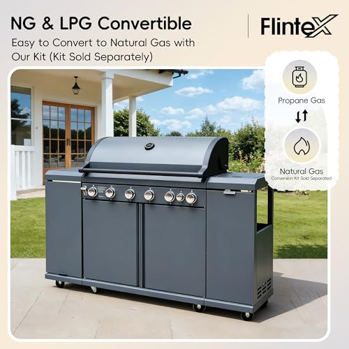 Flintex 6-Burner Propane Gas Kitchen Grill Island with Side Burner,72,000 BTU Stainless Steel BBQ Outdoor Griddle Grill Combo with LPG/NG Convertible and Storage Cabinets & Fold-out Table, Gray