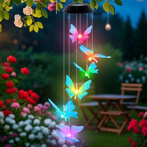 Teoytm Solar Wind Chimes for Outside, Butterfly Wind Chimes, Color Changing LED Mobile Wind Chime, Solar Butterfly Lights for Outdoor Porch Deck Garden Patio Decor, Blue
