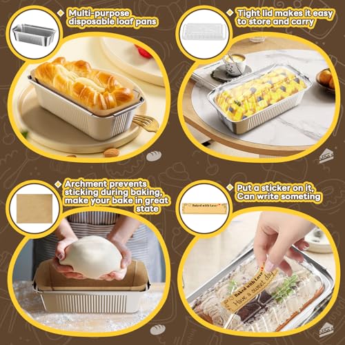 Gyreuni 50 Pack Aluminum Loaf Pans with Lids Stickers and Parchment Paper Sheets,2.4Lb Heavy Duty Aluminum Foil Premium Bread Tins - 8.3" X 4.1" X 2.2" Disposable Baking Pans