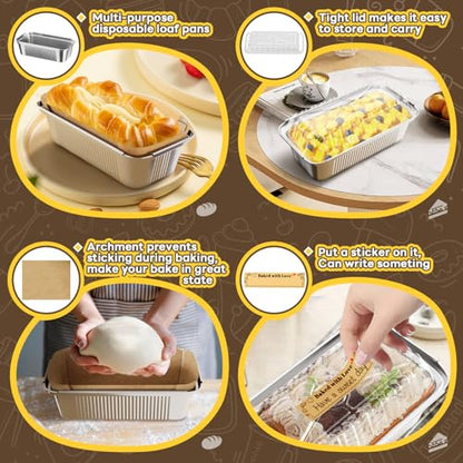 Gyreuni 50 Pack Aluminum Loaf Pans with Lids Stickers and Parchment Paper Sheets,2.4Lb Heavy Duty Aluminum Foil Premium Bread Tins - 8.3" X 4.1" X 2.2" Disposable Baking Pans