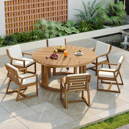 XD Designs 7-Piece Outdoor Patio Dining Set, All-Weather Acacia Wood 59'' Round Dining Table with 1.96" Umbrella Hole and 6 Arm Chairs for Backyard, Balcony, Garden, Poolside (Light Teak-2.14)