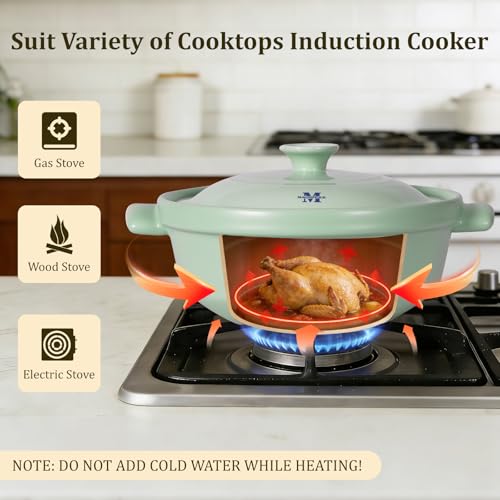 Magnifique 3 Quart Flami Pot with Lid, Natural Clay Pot for Cooking, Non-Toxic PFAS-Free Casserole Dish for Oven & Stovetop, Dutch Oven for Slow Cooking, Baking & Serving, Mint