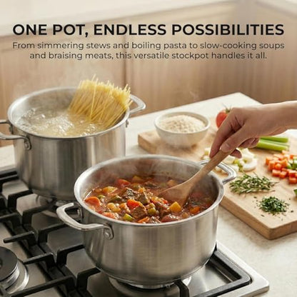 Sunhouse Stock Pot with Lid - 6.5 QT Large Pot for Cooking Pasta, Soup, Spaghetti - Ultra Thick 5-ply Base 18/8 Stainless Steel Pots for Canning, Boiling - Oven Safe & Induction Compatible Cookware