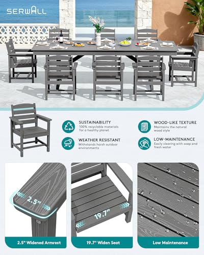 SERWALL 9 Piece Outdoor Dining Set, 84" HDPE Outdoor Table and Chairs for 8，All Weather Patio Furniture Set with Umbrella Hole for Backyard, Garden, Gray