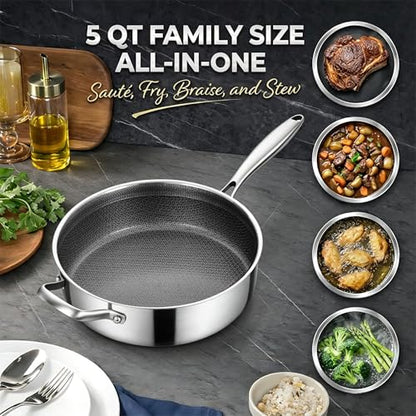 Inqibee 5 QT Hybrid Nonstick Saute Pan with Lid, Long Handle Tri-Ply Stainless Steel Skillet, 12 Inch Deep Frying Pan, PFOA & PFOS Free, Induction Compatible, All Cooktops, Oven & Dishwasher Safe