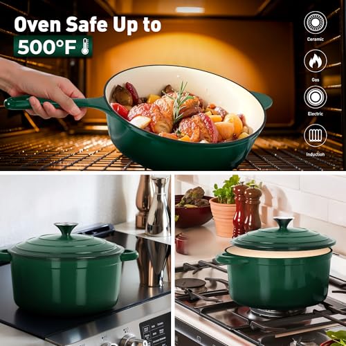 DishDelight Enameled Cast Iron Pots and Pans Set, 7 Piece Dutch Oven Set with Lids, Enamel Coated Non Toxic Cookware, PFOA&PFAS Free, Emerald