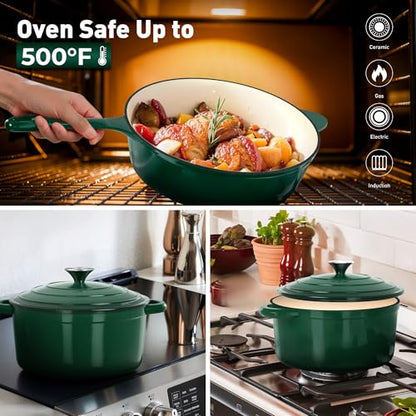 DishDelight Enameled Cast Iron Pots and Pans Set, 7 Piece Dutch Oven Set with Lids, Enamel Coated Non Toxic Cookware, PFOA&PFAS Free, Emerald
