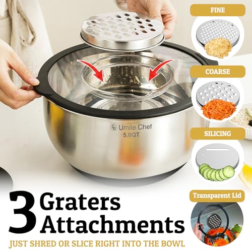 Mixing Bowls with Lids Set - Non-Slip, Airtight Warp-Proof TPR-AS Lids, Thicker Stainless Steel Bowls, Measurement Lines & 3 Graters, Prep Meal Bowl, Black Nesting Bowl for Kitchen, 5/3/2/1.5/0.63QT