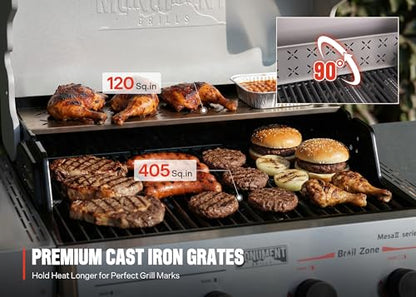 Monument Grills 4 Burner Propane Gas Grill with Advanced Broil Zone, Stainless Steel Outdoor Mesa 2 Barbecue Grill, Foldable Side Shelves, 500°F in 5 Mins, Assembles in 30 Minutes, Mesa II 410FBZ