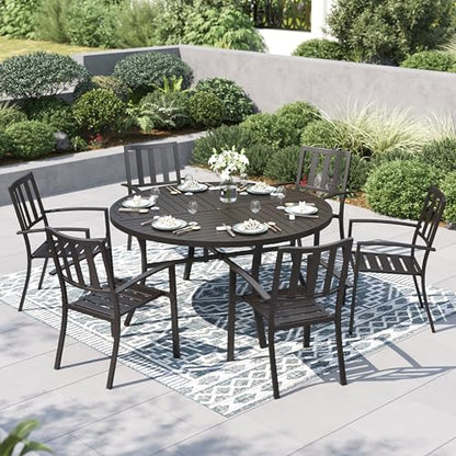 PHI VILLA 7 Pieces Outdoor Round Dining Set for 6, Wrought Iron Dining Table with Umbrella Hole & Stackable Metal Steel Chairs, Large Dining Furniture Set for Patio, Deck, Yard, Porch