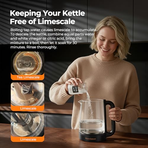 Narcissus Electric Kettle Temperature Control ±5℉, 1.8L Glass Electric Tea Kettle with Removable Infuser for Flowers & Fruit Tea, 1200W Fast Boiling, 6 Hours Keep Warming, Black