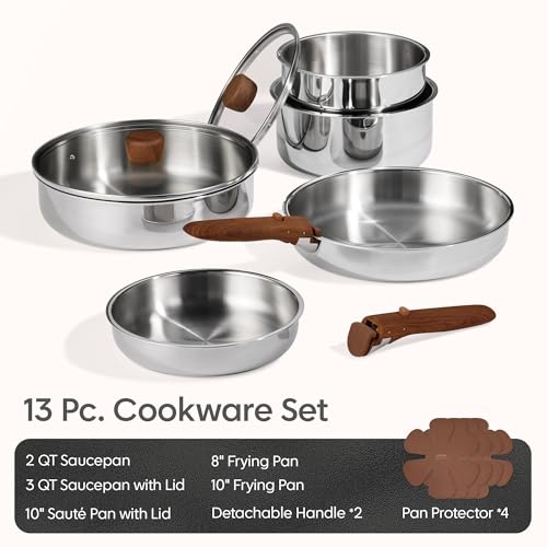 CAROTE 13 PCS Tri-Ply Stainless Steel Cookware Set with Detachable Handle, Pots and Pans Set, Induction Kitchen Cooking Sets, RV/Camping Cookware, Oven Safe
