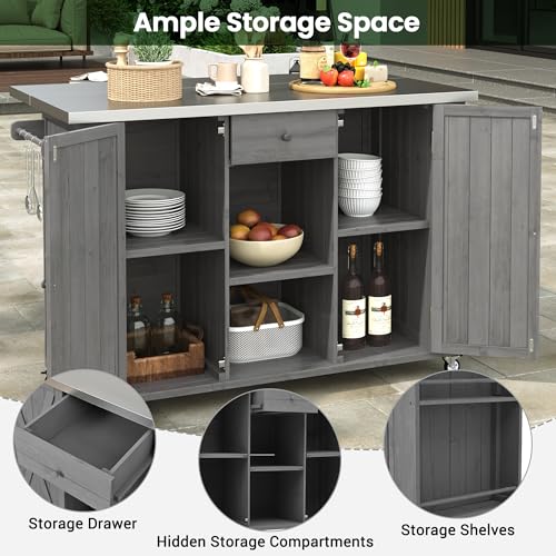 P PURLOVE Outdoor Kitchen Island with Stainless Steel Top and Ample Storage Space, Fir Wood Kitchen Cabinet with Towel, Spice Racks and a Bottle Opener for Outdoor, Grey