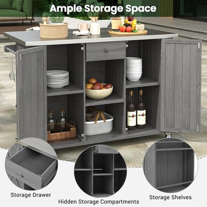 P PURLOVE Outdoor Kitchen Island with Stainless Steel Top and Ample Storage Space, Fir Wood Kitchen Cabinet with Towel, Spice Racks and a Bottle Opener for Outdoor, Grey