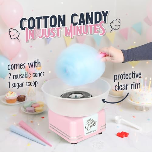 Nostalgia Countertop Cotton Candy Machine – Use Normal or Sugar-Free Candy or Flossing Sugar – Includes 2 Reusable Cones and Measuring Scoop – Pink