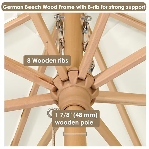 Yescom 13FT Large Heavy Duty Wooden Outdoor Patio Umbrella Solid German Beech Pole Parasol Rope Pulley 8 Rib for Deck Pool Porch Backyard Garden Market Bistro Table Beach Sun Shade,Ivory