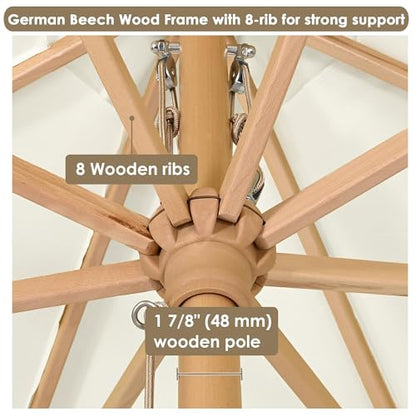 Yescom 13FT Large Heavy Duty Wooden Outdoor Patio Umbrella Solid German Beech Pole Parasol Rope Pulley 8 Rib for Deck Pool Porch Backyard Garden Market Bistro Table Beach Sun Shade,Ivory