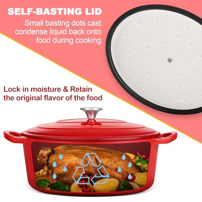 E-far 7QT Oval Dutch Oven Pot with Lid, Enameled Cast Iron Dutch Oven with Dual Handles for Sourdough Bread Baking Cooking, Nonstick Enamel Coated Cookware(Red), Non-Toxic & Easy Clean
