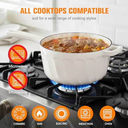 NSIRONS Enameled Cast Iron Sauce Pan, 2 Quart Saucepan with Lid, Small Cast Iron Pot Enamel Saucepan for Cooking Pasta Sauce, Gravy, Puddings, Marinate, Boiling (White)